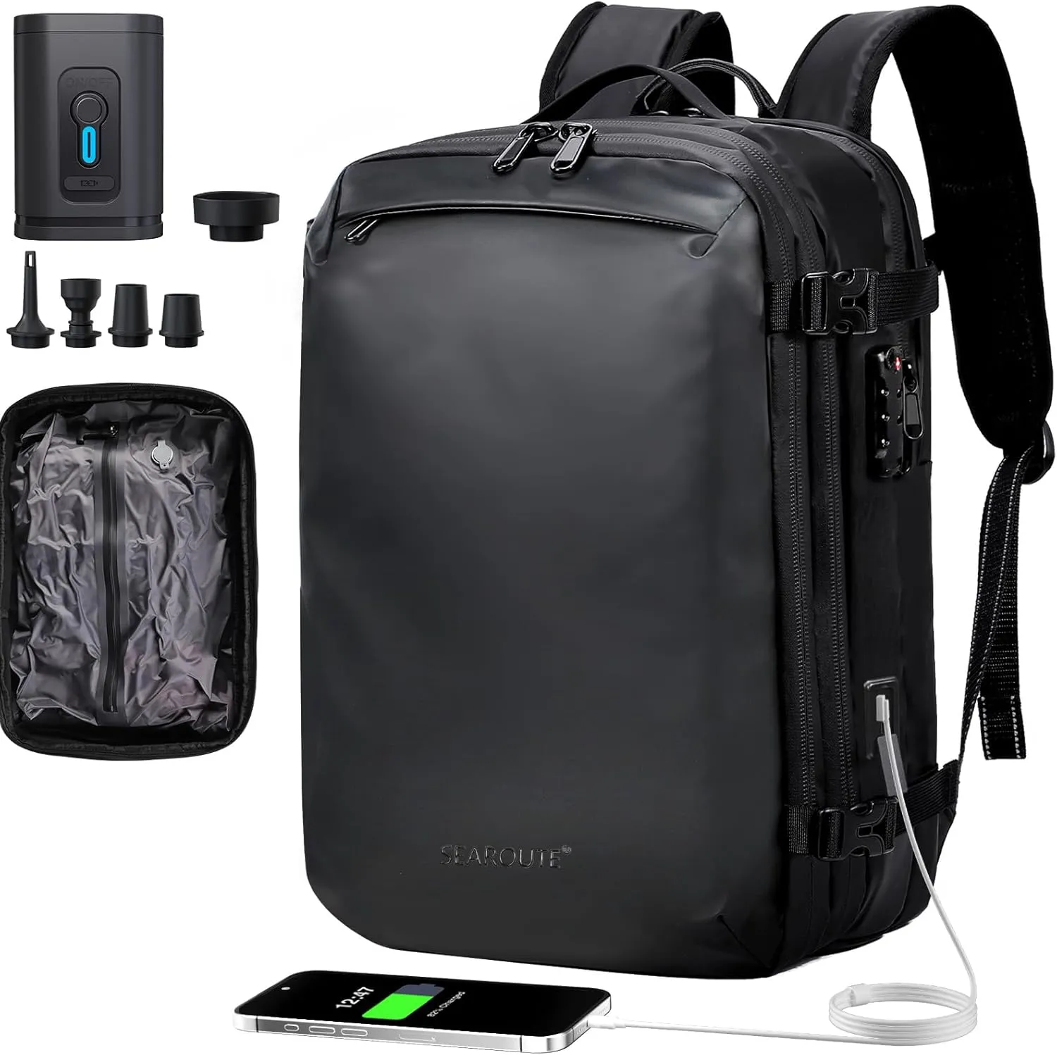 Airback Backpack, Vacpack Travel 60L Expandable, Carry On with Airbag, Vacuum Water Resistant & TSA Anti Theft (With Air Pump)