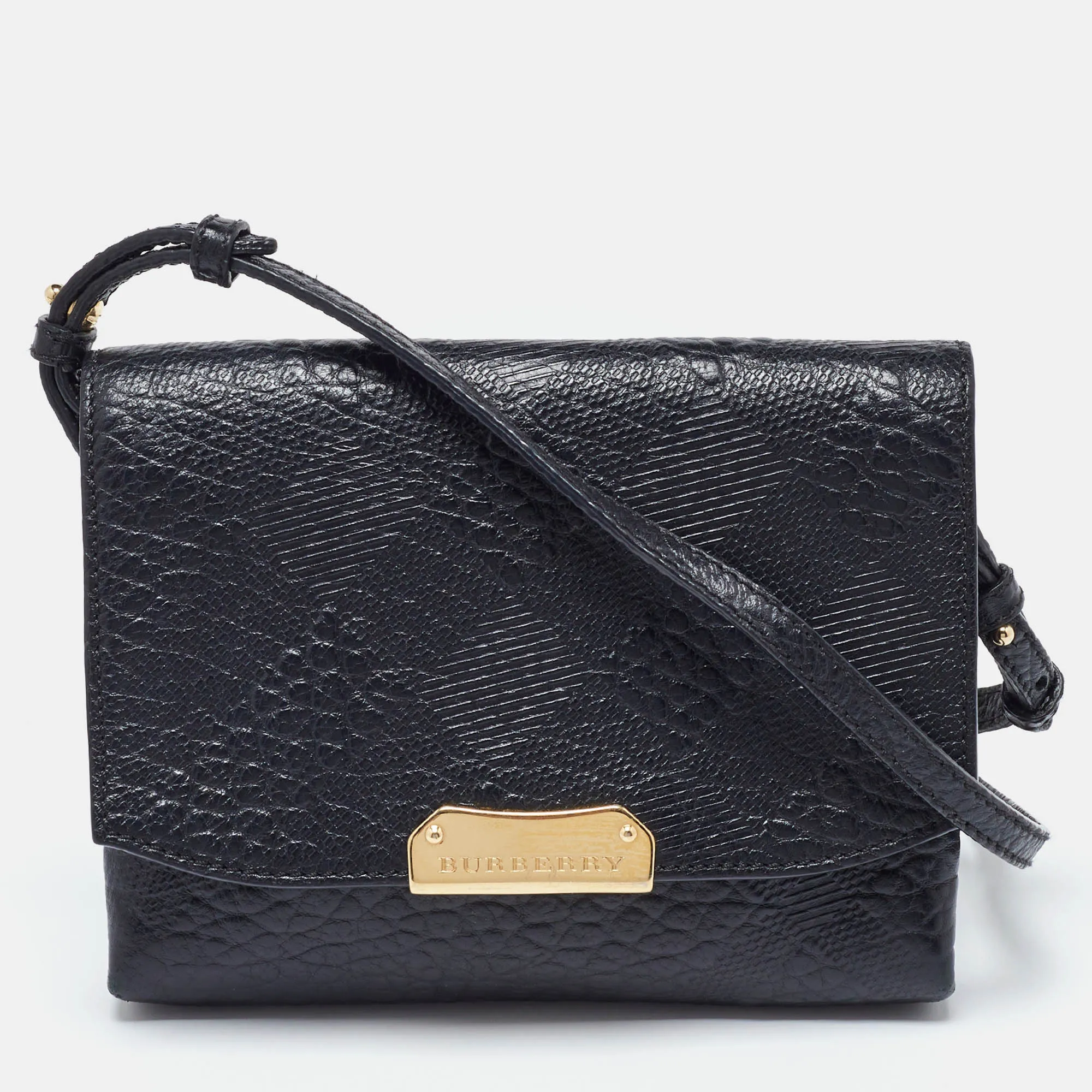 Black Embossed Check Leather Small Langley Crossbody Bag