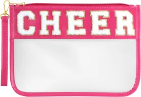 Cheer Bag - Clear Chenille Varsity Letter Flat Pouch with Zipper, Waterproof Clear PVC&PU Preppy Patch Travel Makeup Cosmetic tote Bags for Cheerleader Girls (Rose-Cheer)