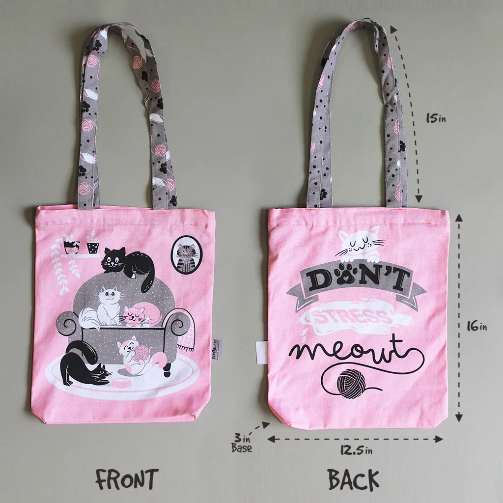 Cotton Canvas Tote Bag With Zippered Closure Reusable Shopping Multipurpose Bags With Front Back Illustrations - Cosy Cats