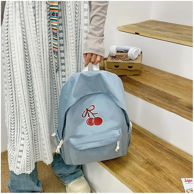 Cute Cherry Backpack for Women - Cute Vintage Bookbag Lightweight Canvas Daypack Kawaii Travel Rucksack Aesthetic Bag (Blue)