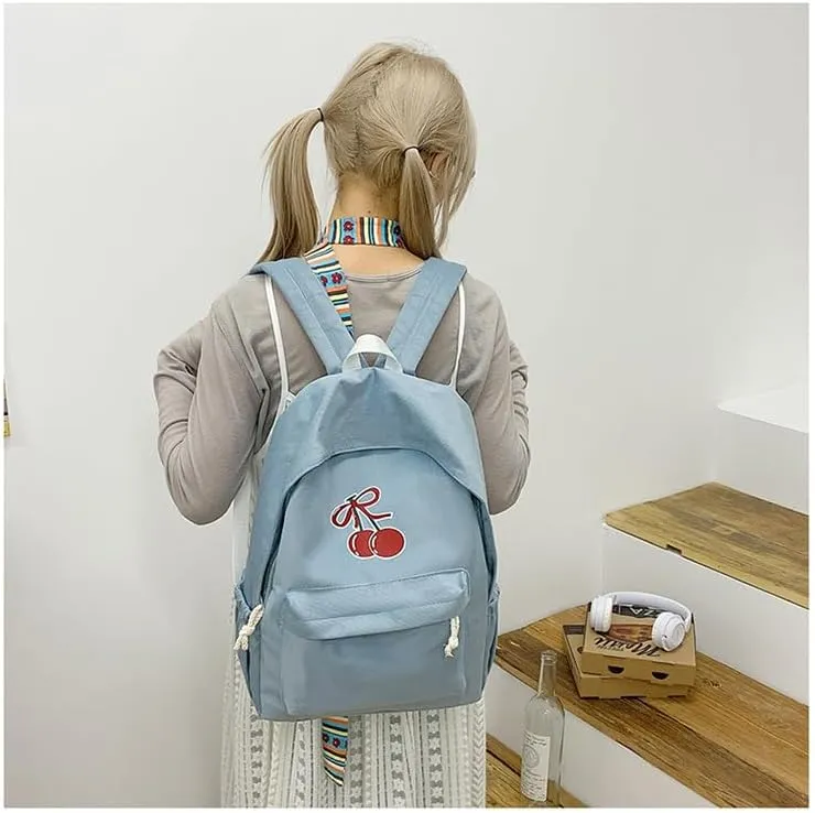 Cute Cherry Backpack for Women - Cute Vintage Bookbag Lightweight Canvas Daypack Kawaii Travel Rucksack Aesthetic Bag (Blue)