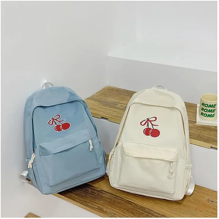 Cute Cherry Backpack for Women - Cute Vintage Bookbag Lightweight Canvas Daypack Kawaii Travel Rucksack Aesthetic Bag (Blue)