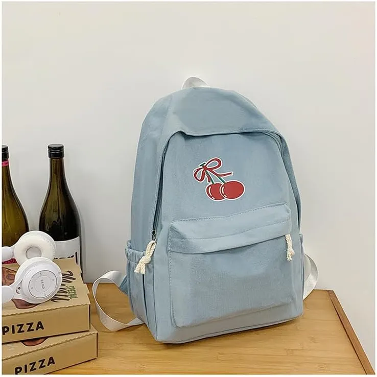 Cute Cherry Backpack for Women - Cute Vintage Bookbag Lightweight Canvas Daypack Kawaii Travel Rucksack Aesthetic Bag (Blue)