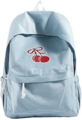 Cute Cherry Backpack for Women - Cute Vintage Bookbag Lightweight Canvas Daypack Kawaii Travel Rucksack Aesthetic Bag (Blue)