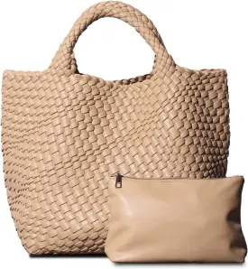 Dyalsa Woven Bag for Women, Vegan Leather Tote Bag Large Summer Beach Handbag Purse Retro Handmade Travel Shoulder Bag Set