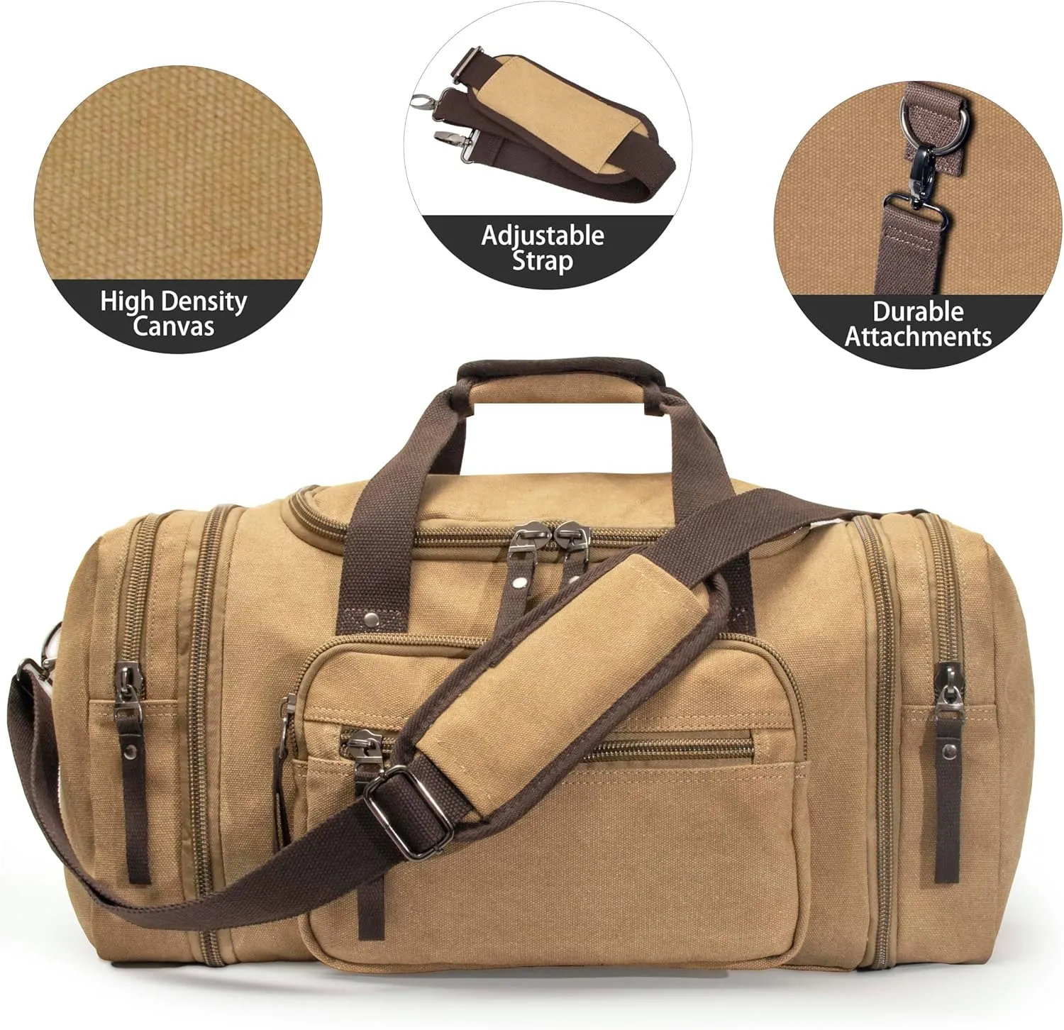 Expandable 60L Canvas Travel Bag With Adjustable Shoulder Strap - Big Heavy Duty Crossbody Weekend Overnight Bag - Khaki