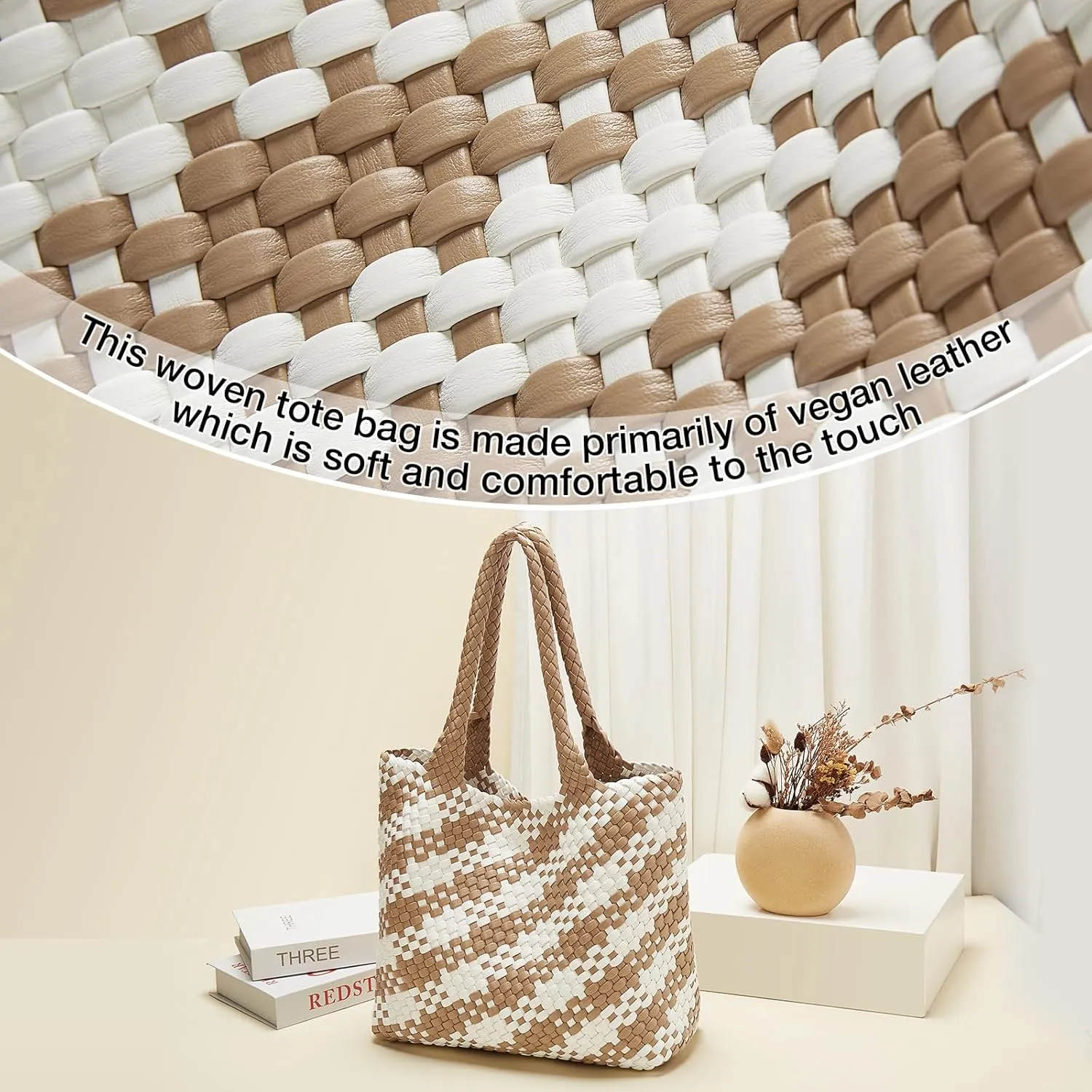 FOXLOVER Woven Tote Bag for Women Large Vegan Leather Top Handle Handbag purse Includes Inner Bag