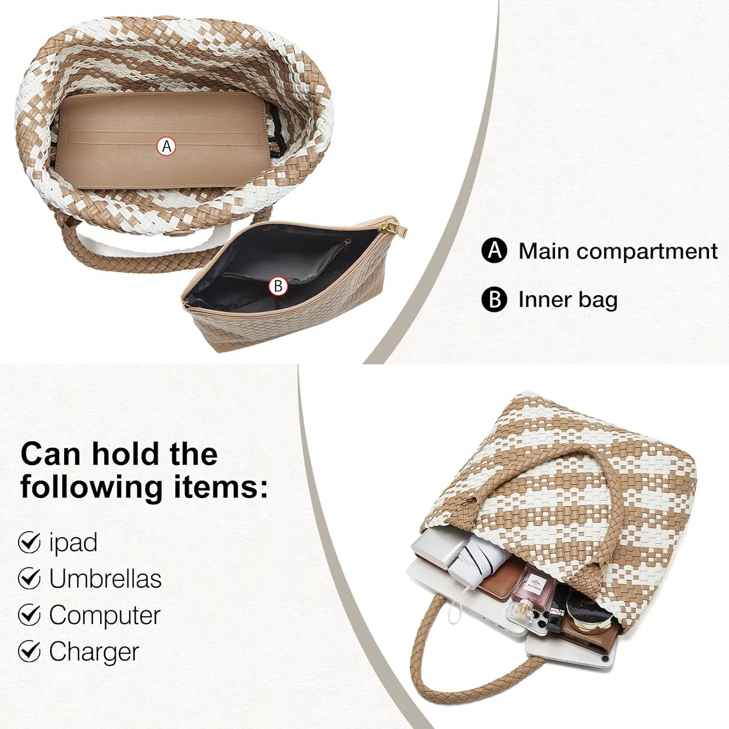 FOXLOVER Woven Tote Bag for Women Large Vegan Leather Top Handle Handbag purse Includes Inner Bag
