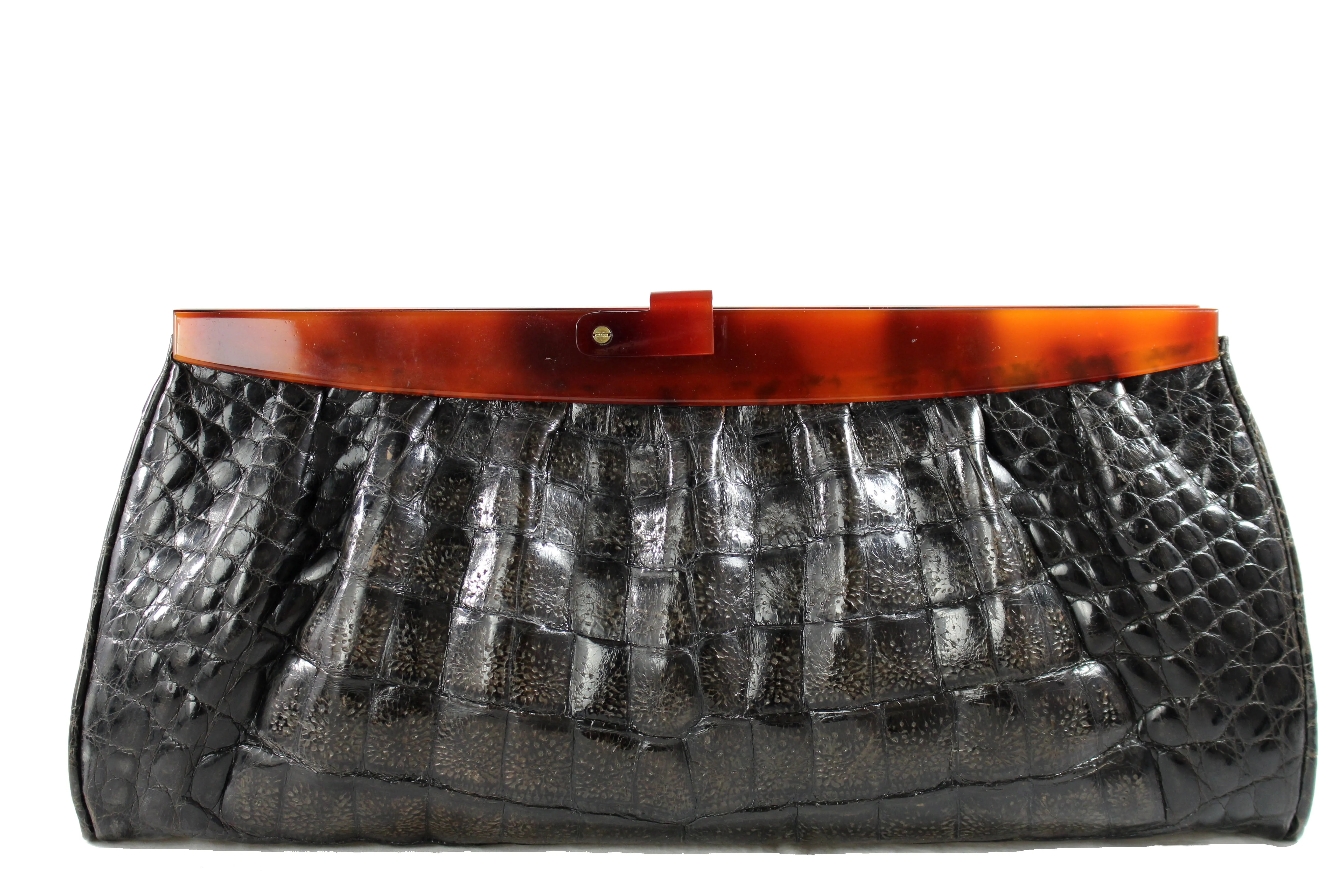 Gray crocodile skin clutch handbag with lucite frame