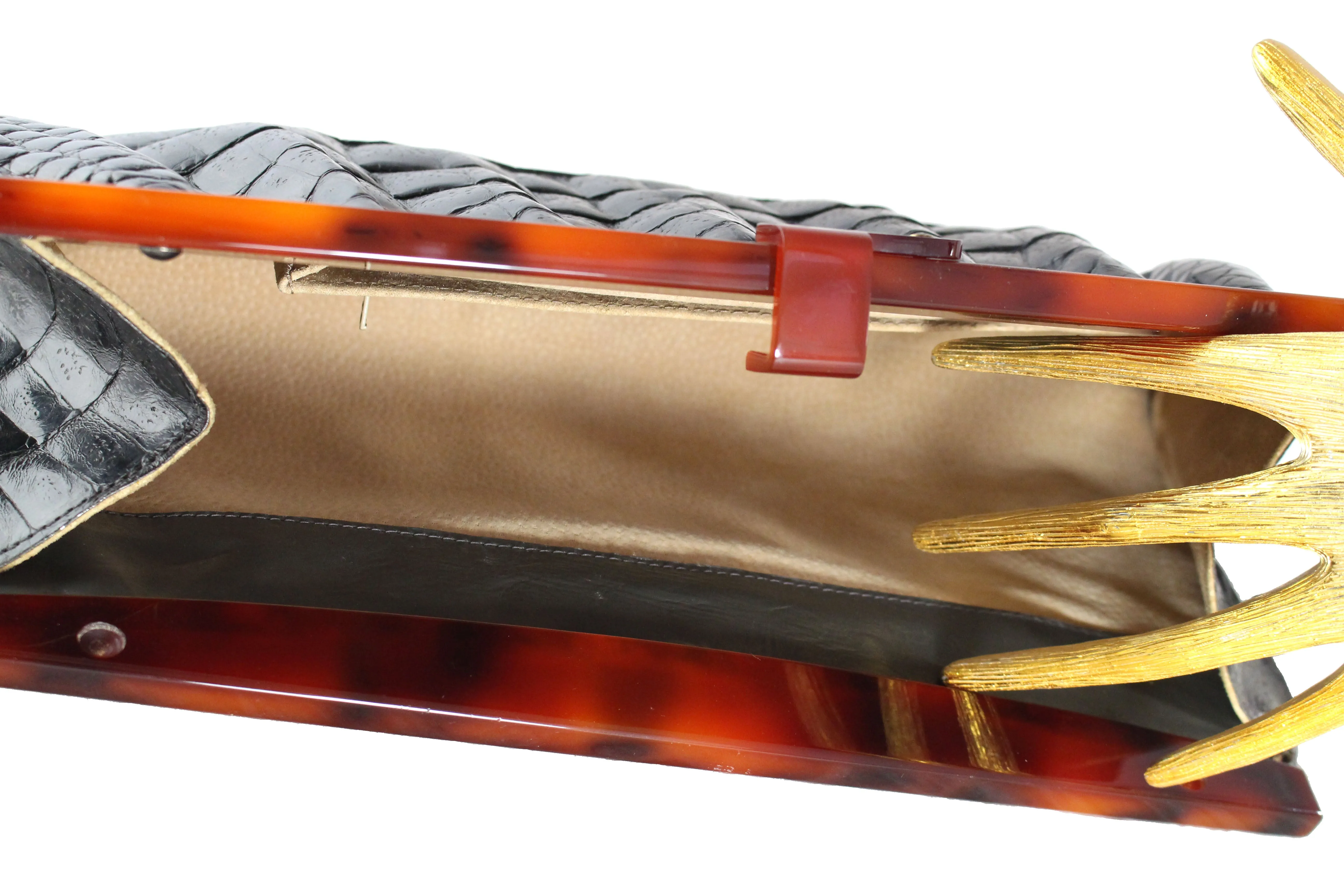 Gray crocodile skin clutch handbag with lucite frame