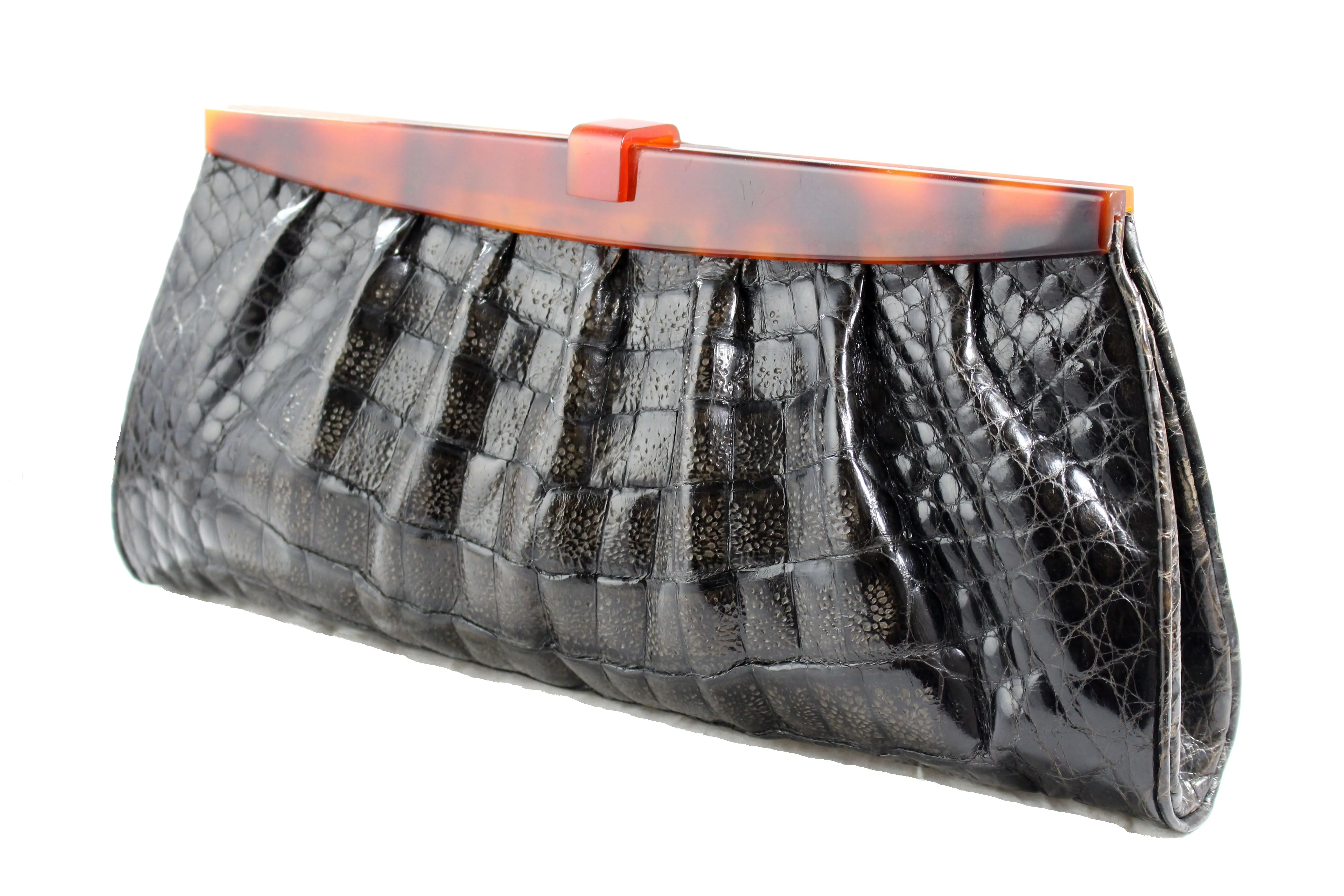 Gray crocodile skin clutch handbag with lucite frame
