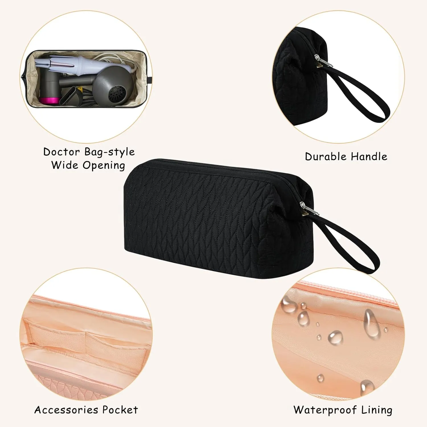 Large Quilted Cotton Portable Hair Tools Organizer Bag with Handle,Travel Hair Styling Accessories Storage Case for Flat Irons,Straightener,Curling Iron,Hair Dryer(Black)