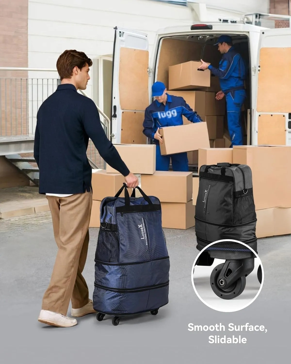 LUGGEX Suitcases with Wheels, Expandable Collapsible Luggage Rolling Travel Duffle Bag without Telescopic Handle, Foldable Large Weekender Bag for Men Women, Black