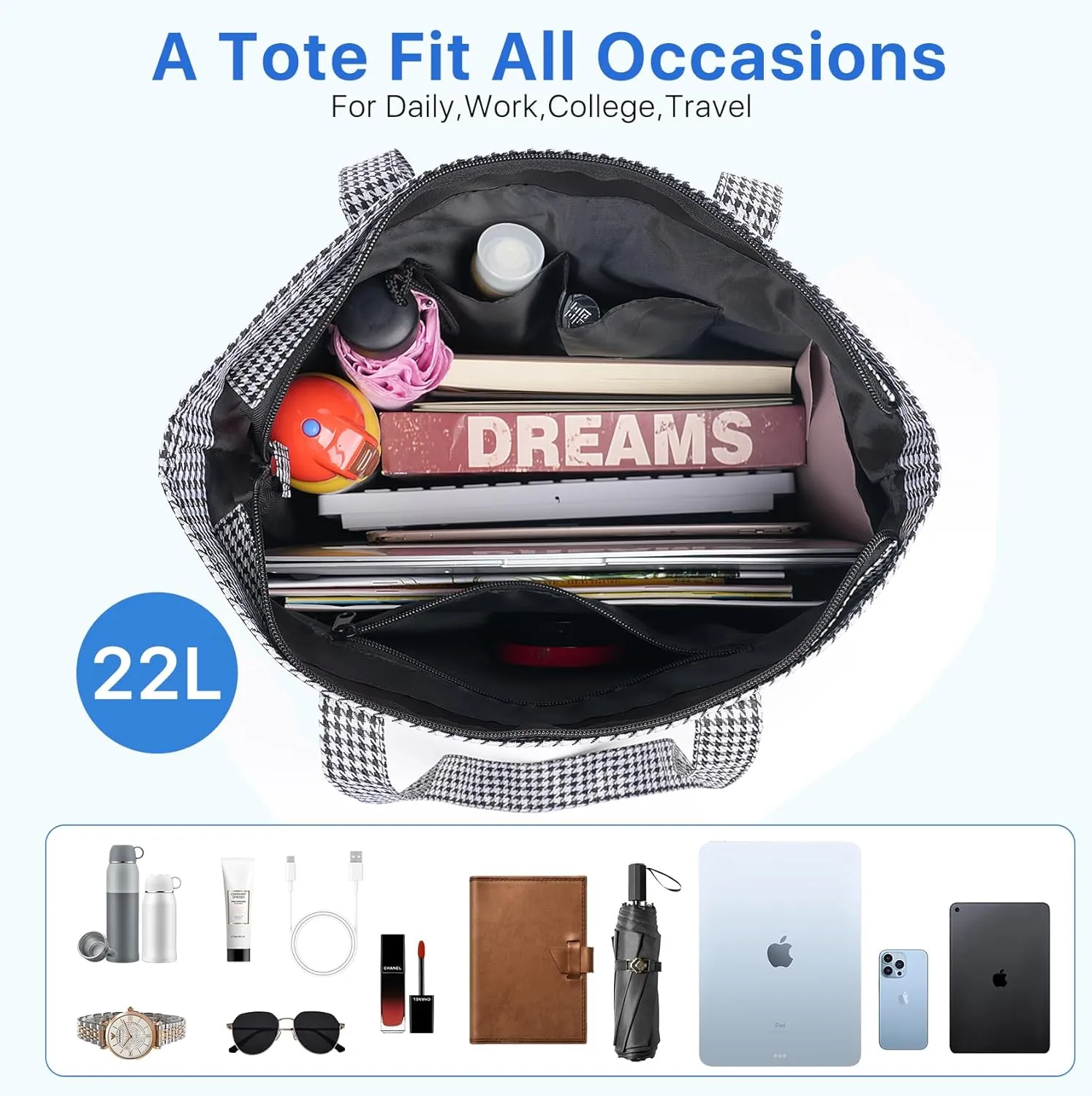 Nylon Tote Bag for Women Large Capacity Shoulder Bag Top Handle Handbag with Zipper for Work College Travel Daily