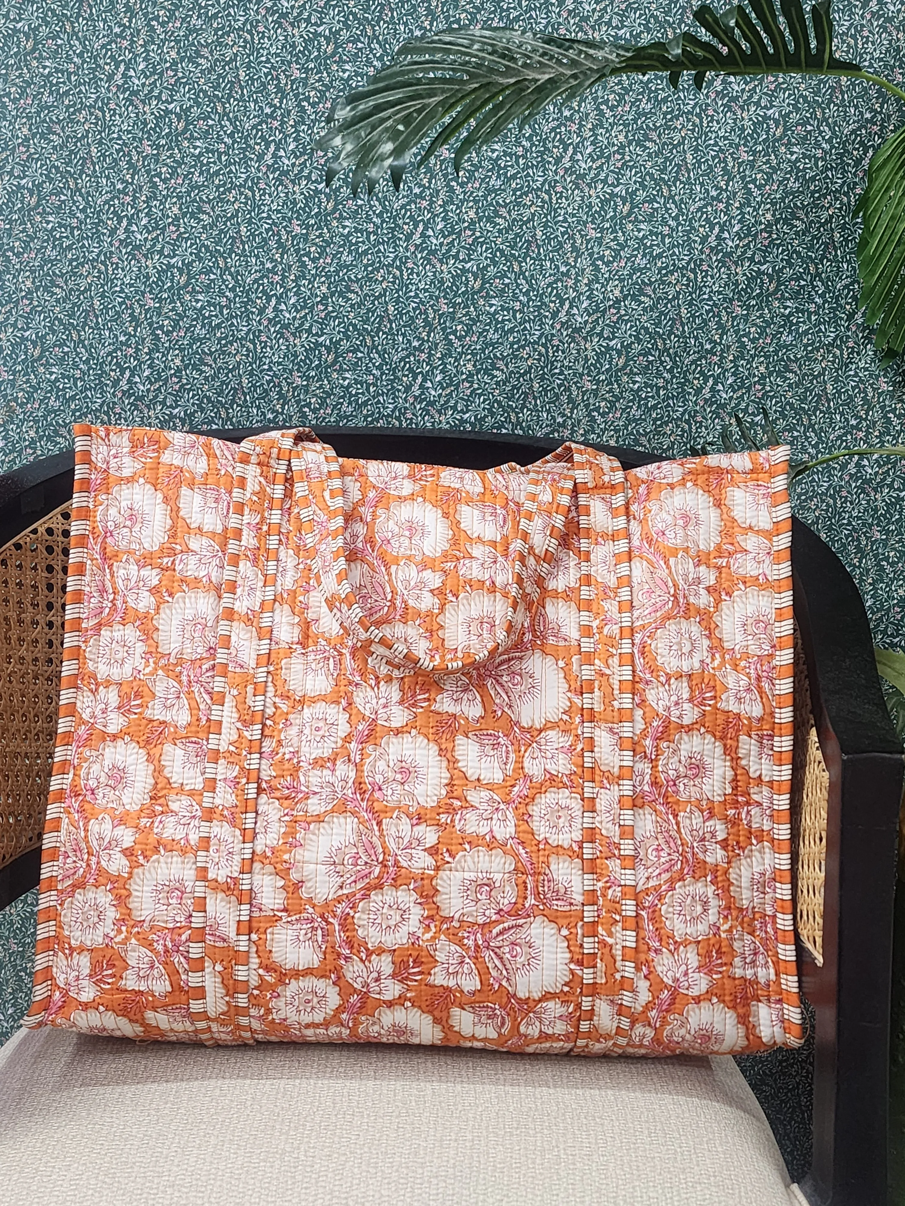 Orange & White Jute Handblock Printed Tote Bag Without Zip