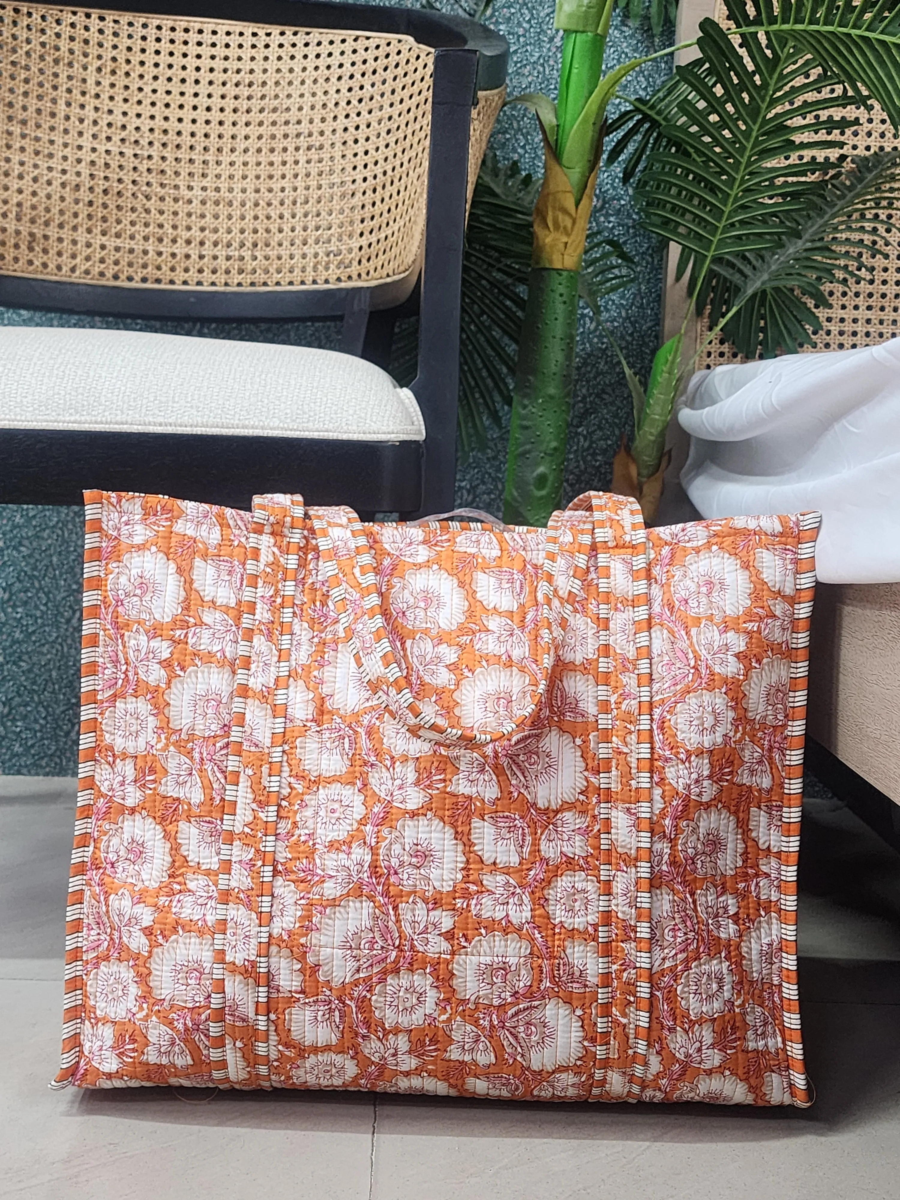 Orange & White Jute Handblock Printed Tote Bag Without Zip