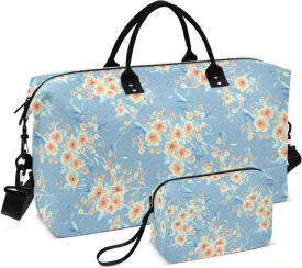 Peach Blossom Floral Lightblue Sports Gym Bag for Women Men Travel Duffel Bag Weekend Overnight Carry on Bag with Toiletry Bag Hospital Bag for Swimming Yoga Workout Plane Hospital