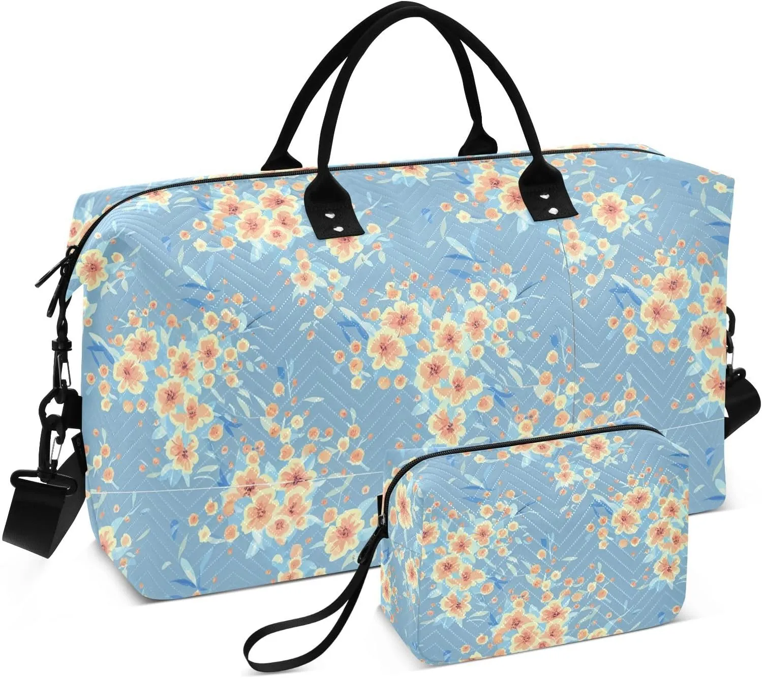 Peach Blossom Floral Lightblue Sports Gym Bag for Women Men Travel Duffel Bag Weekend Overnight Carry on Bag with Toiletry Bag Hospital Bag for Swimming Yoga Workout Plane Hospital