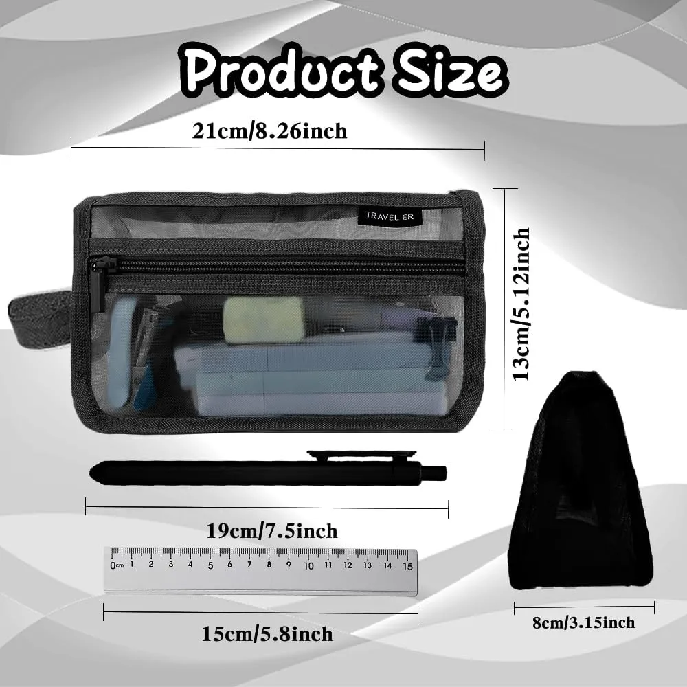 Pencil Case, Grid Mesh Pencil Pouch, Large Capacity Black Pencil Bag, Clear Pencil Case with Handle and Zipper, 2-Layer Pen Case Aesthic Stationary Organizer Bag for Office Back to School Supplies