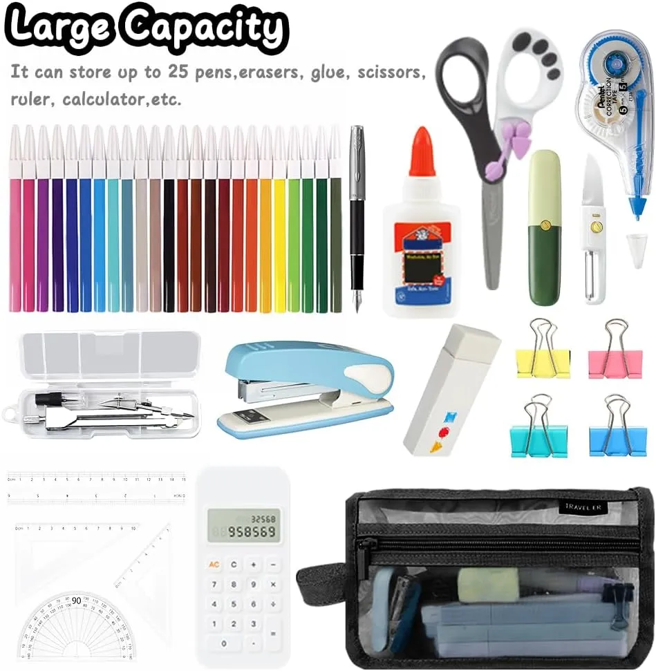 Pencil Case, Grid Mesh Pencil Pouch, Large Capacity Black Pencil Bag, Clear Pencil Case with Handle and Zipper, 2-Layer Pen Case Aesthic Stationary Organizer Bag for Office Back to School Supplies