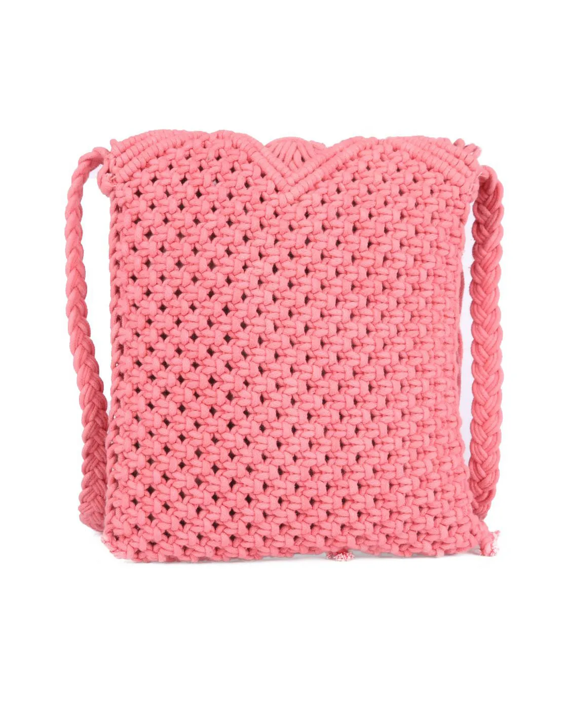Pink Macrame Flapover Crossbody Sling Bag