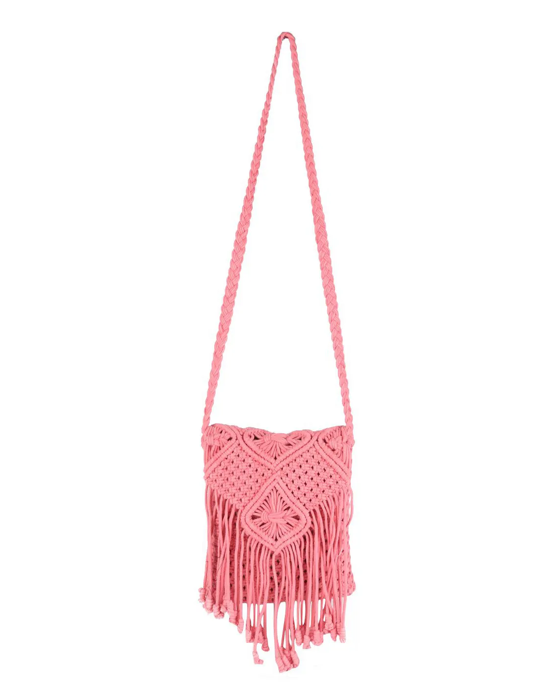Pink Macrame Flapover Crossbody Sling Bag