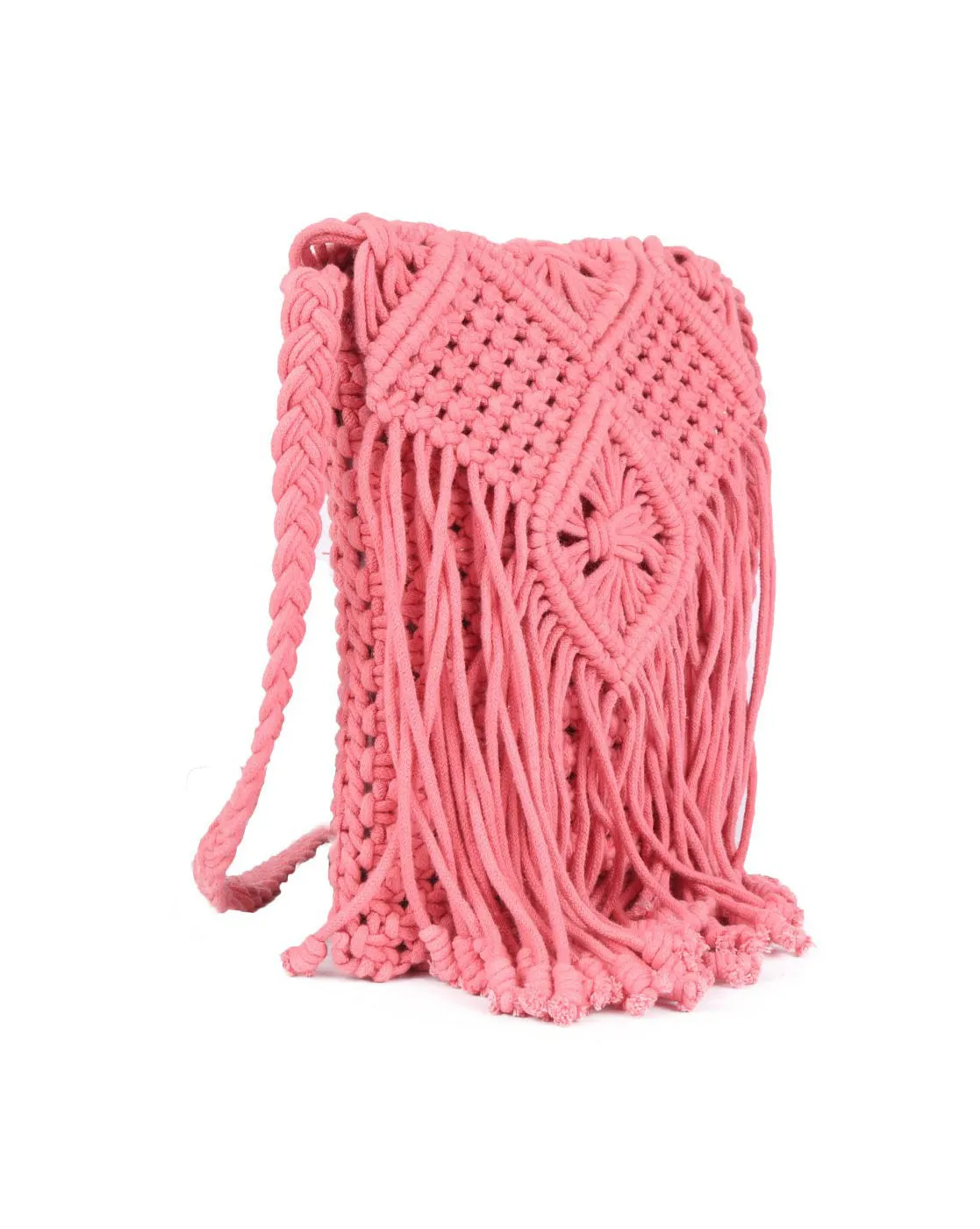 Pink Macrame Flapover Crossbody Sling Bag