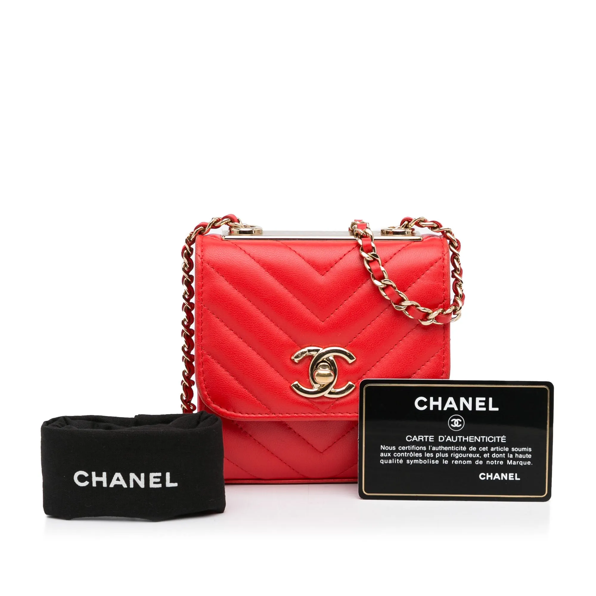 Red Chanel Mini Chevron Quilted Lambskin Trendy CC Chain Wallet Crossbody Bag