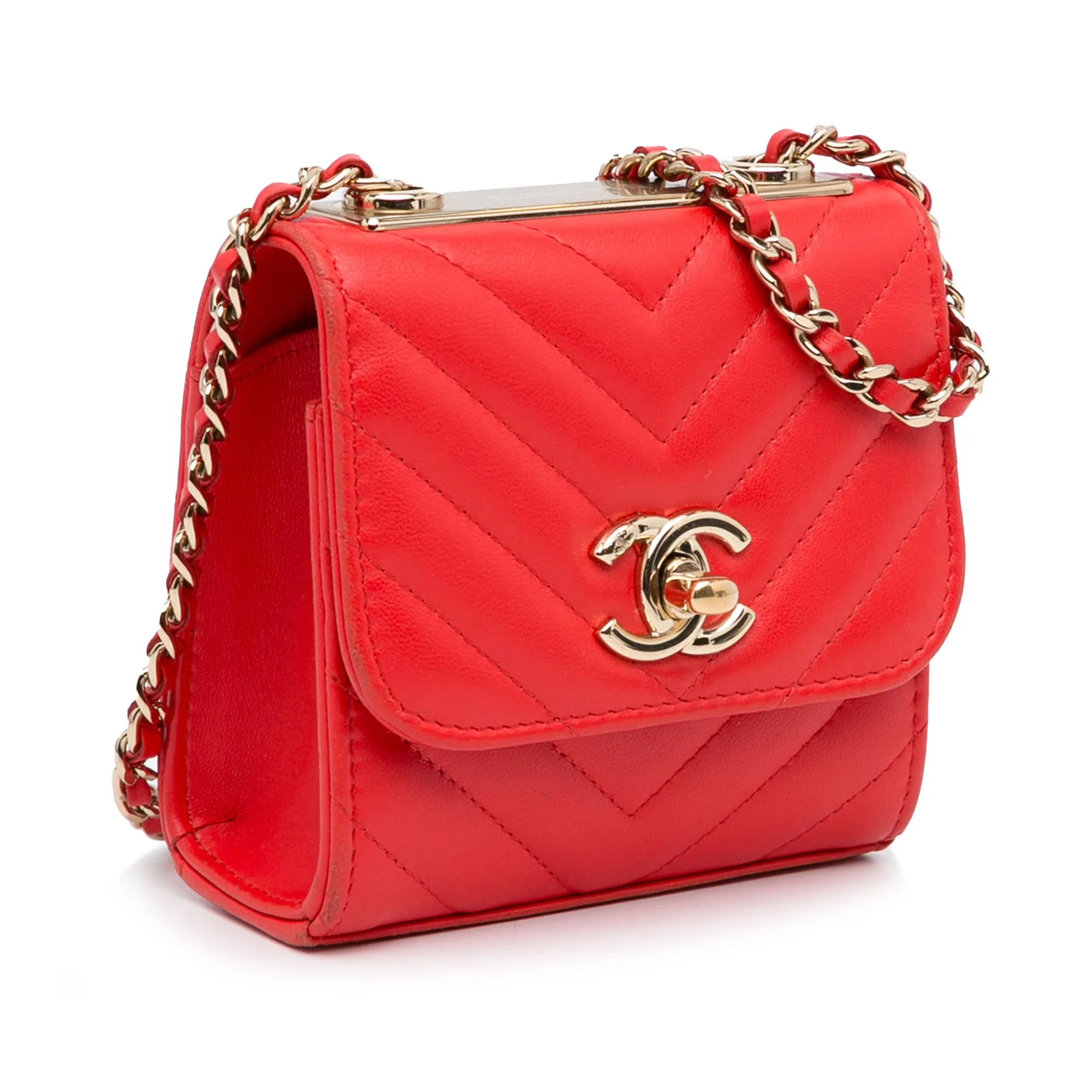 Red Chanel Mini Chevron Quilted Lambskin Trendy CC Chain Wallet Crossbody Bag