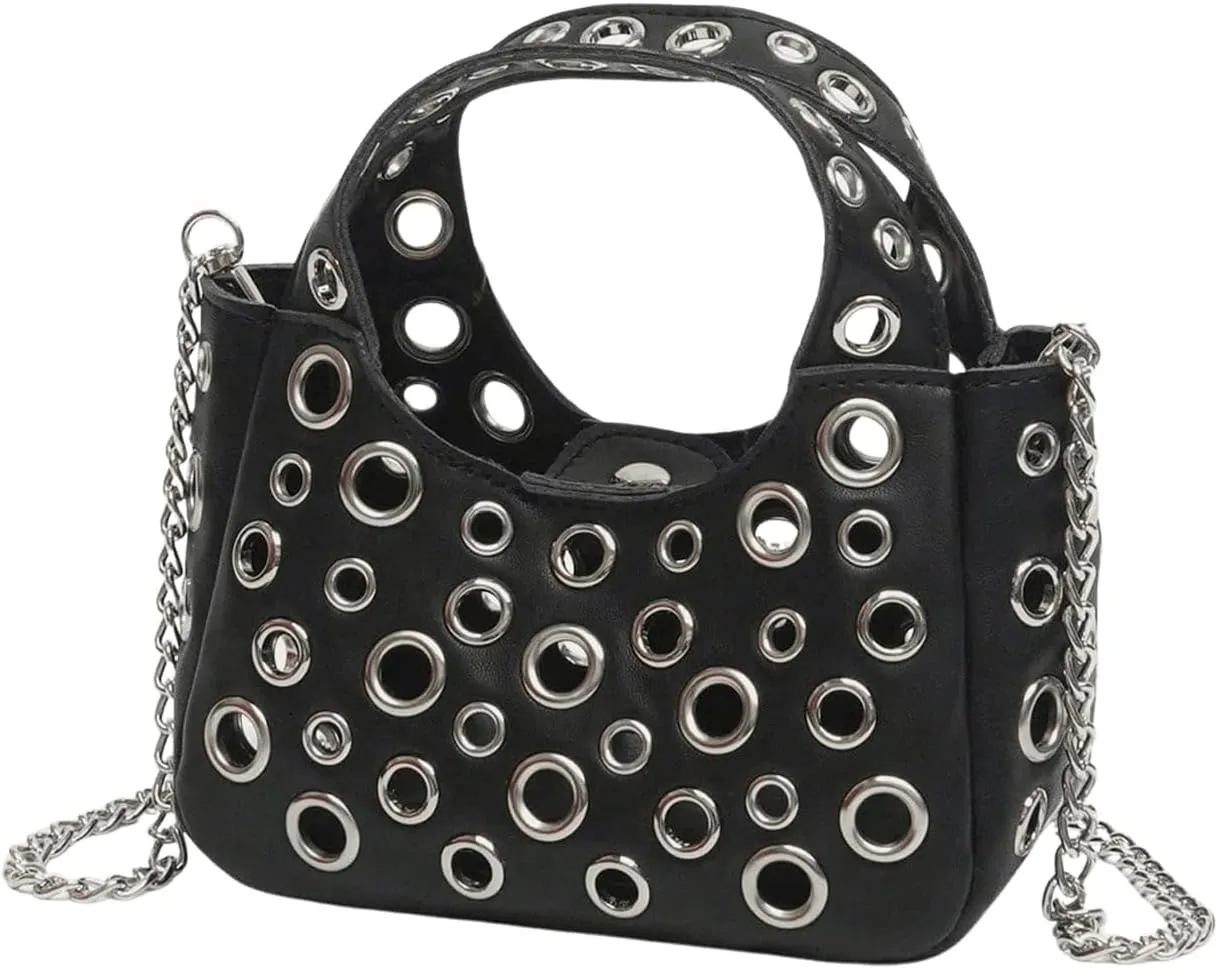 SHENHE Women's PU Leather Y2k Punk Mini Purse Chain Strap Crossbody Bag Small Satchel Top Handle Handbag