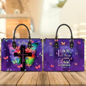 Teesdily | Personalized Jesus Butterfly Handbag, I Can Do All Things Through Christ Leather Handbag, Jesus Lovers Gifts, Christian Women Handbag