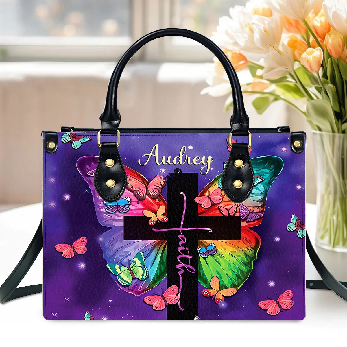 Teesdily | Personalized Jesus Butterfly Handbag, I Can Do All Things Through Christ Leather Handbag, Jesus Lovers Gifts, Christian Women Handbag