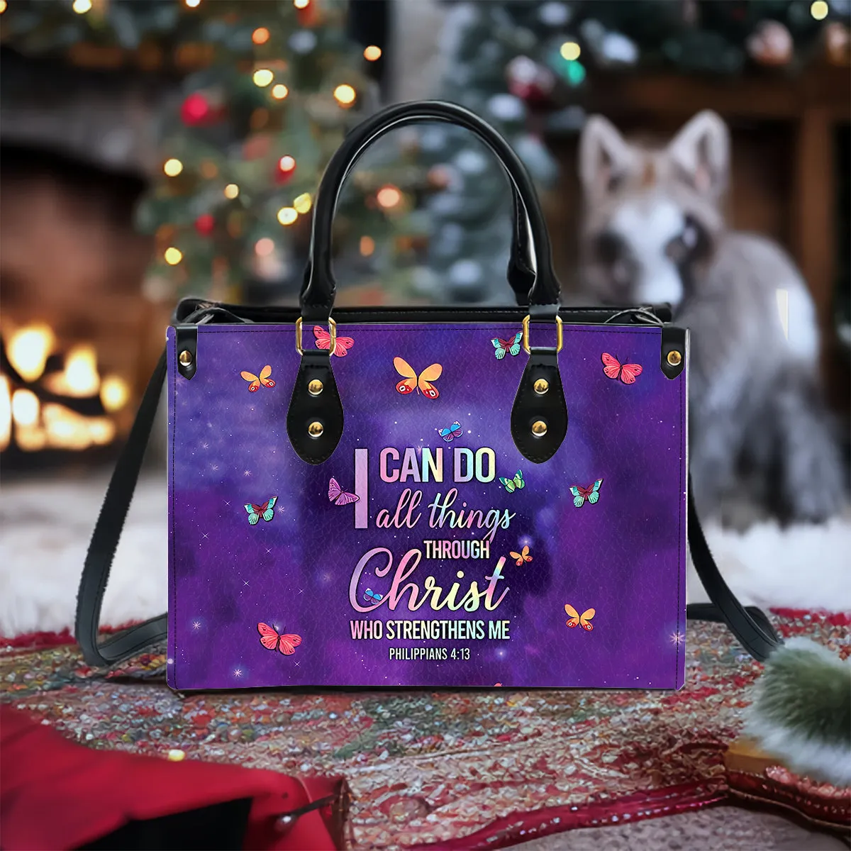 Teesdily | Personalized Jesus Butterfly Handbag, I Can Do All Things Through Christ Leather Handbag, Jesus Lovers Gifts, Christian Women Handbag