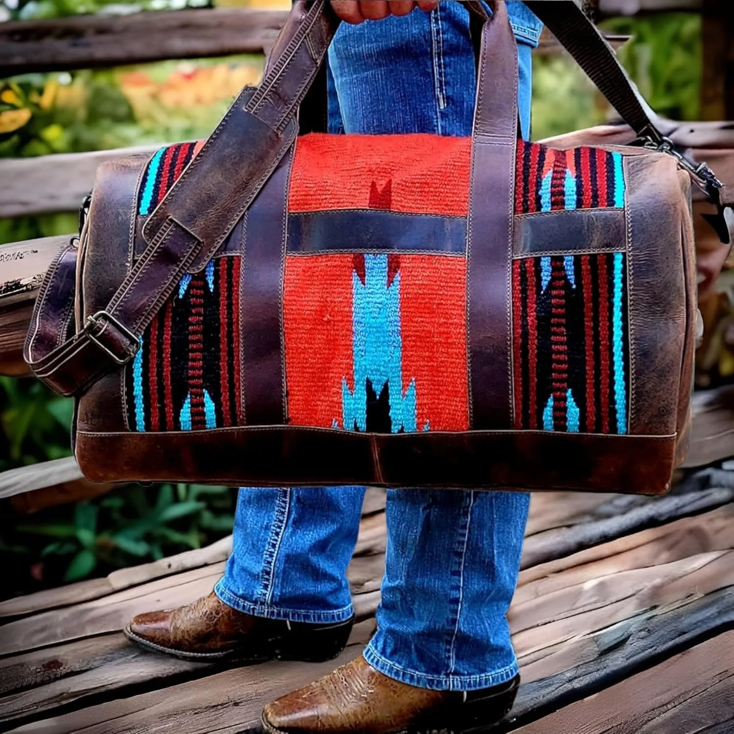 The Southwestern Antique Dark Saddle Brown Leather Aztec Weekender Duffel Bag - 45L (Sedona)