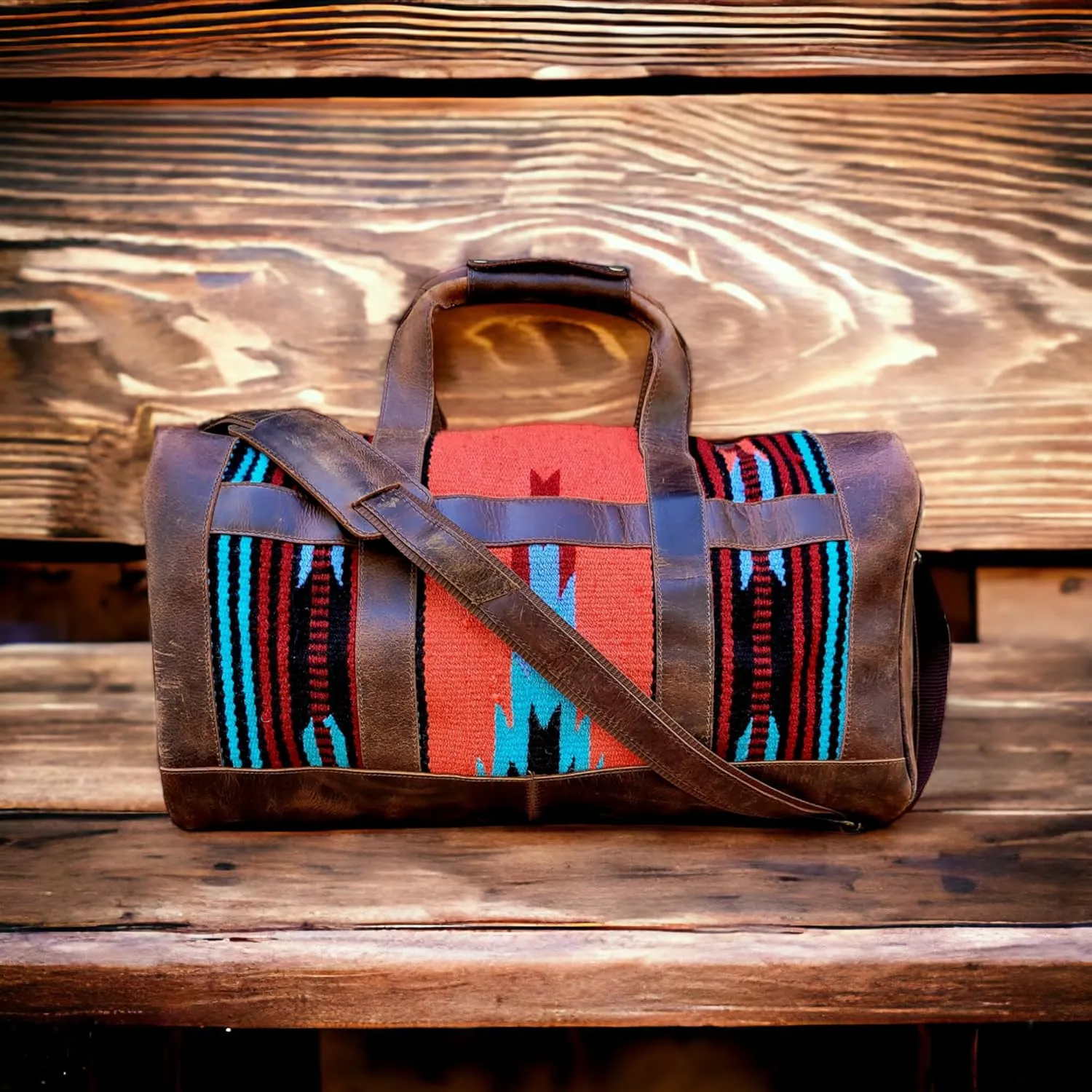 The Southwestern Antique Dark Saddle Brown Leather Aztec Weekender Duffel Bag - 45L (Sedona)