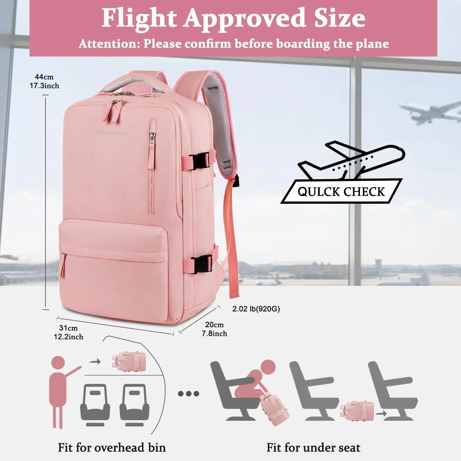 Travel laptop Backpack For Women Airline Approved, Carry On Backpack for 16 inch laptop with shoe compartment (pink)