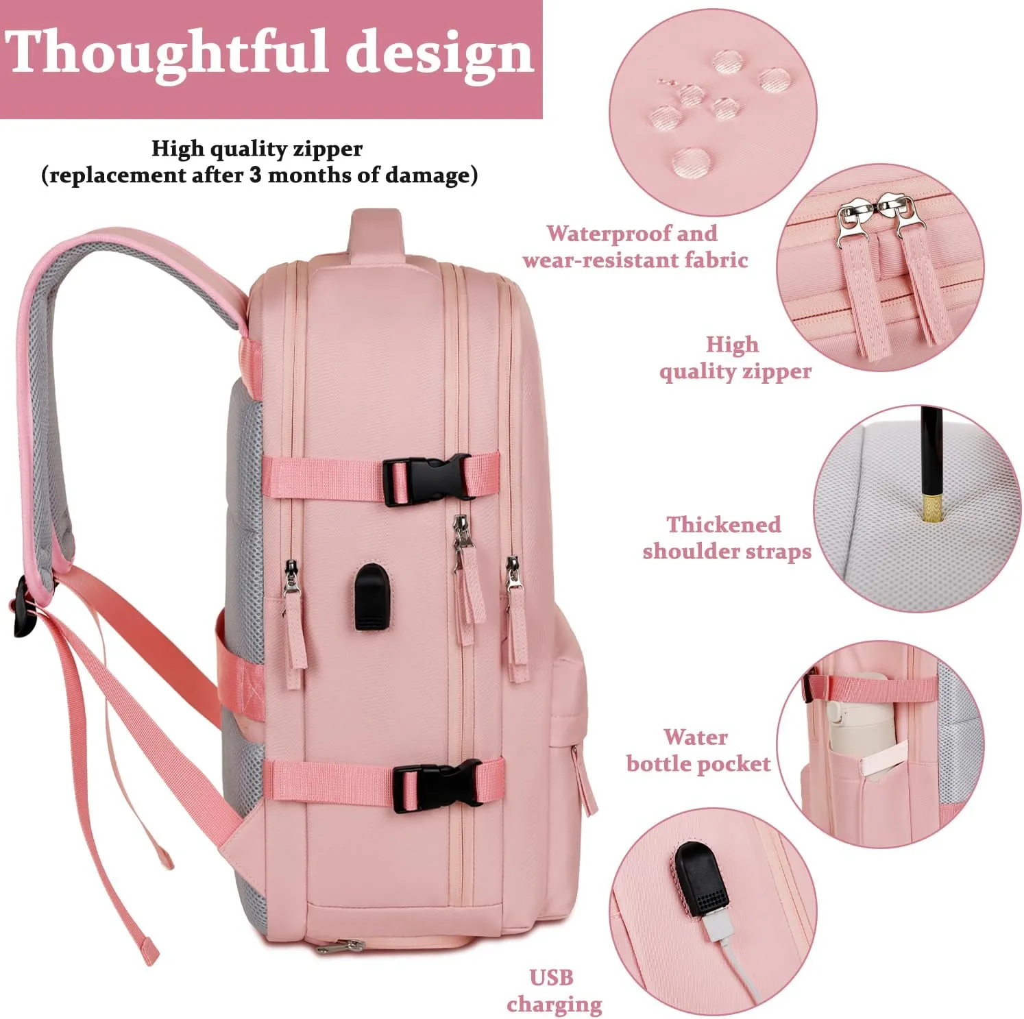 Travel laptop Backpack For Women Airline Approved, Carry On Backpack for 16 inch laptop with shoe compartment (pink)