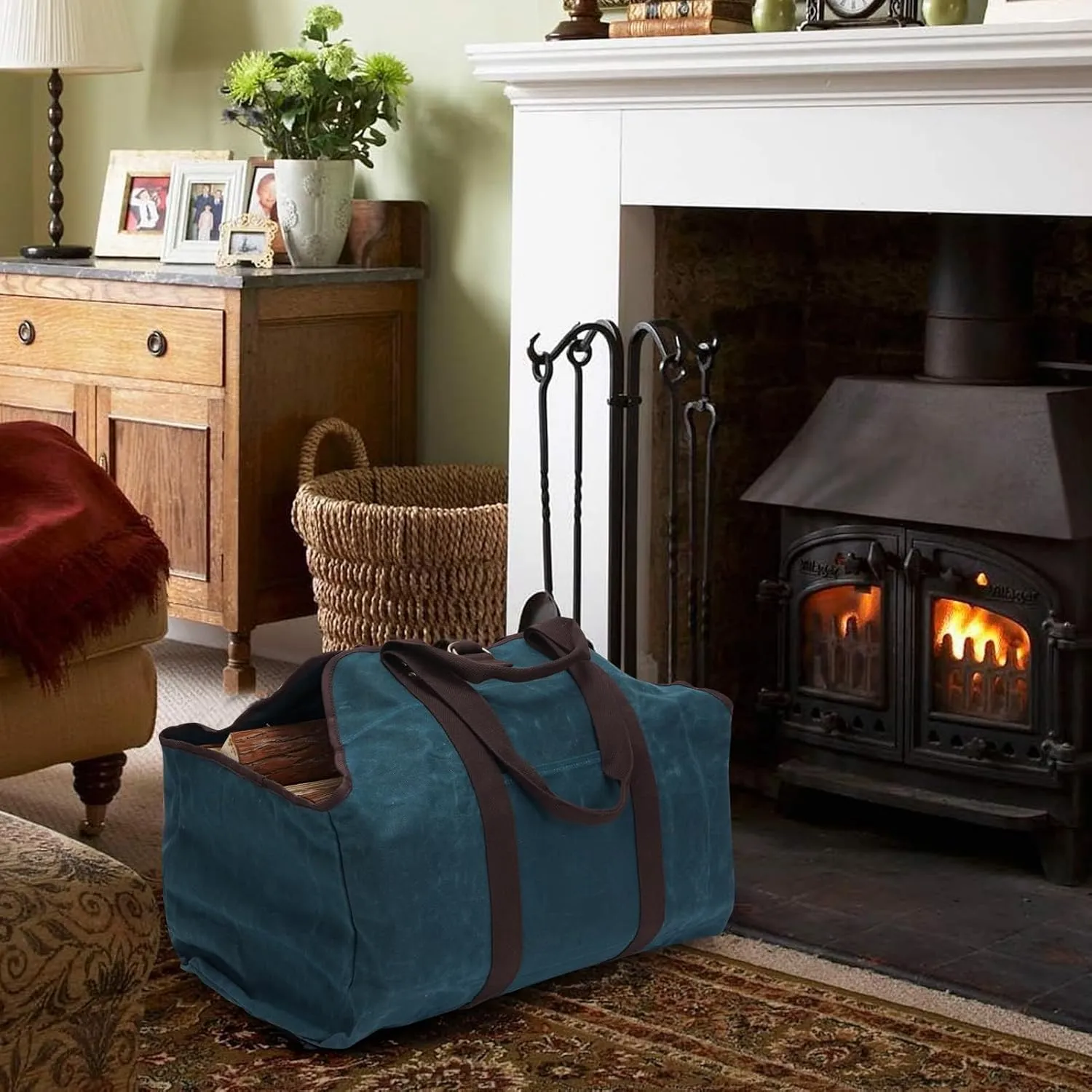 Waxed Canvas Log Carrier Tote Bag, Extra Large Durable Firewood Holder with Handles and Shoulder Strap - DarkBlue