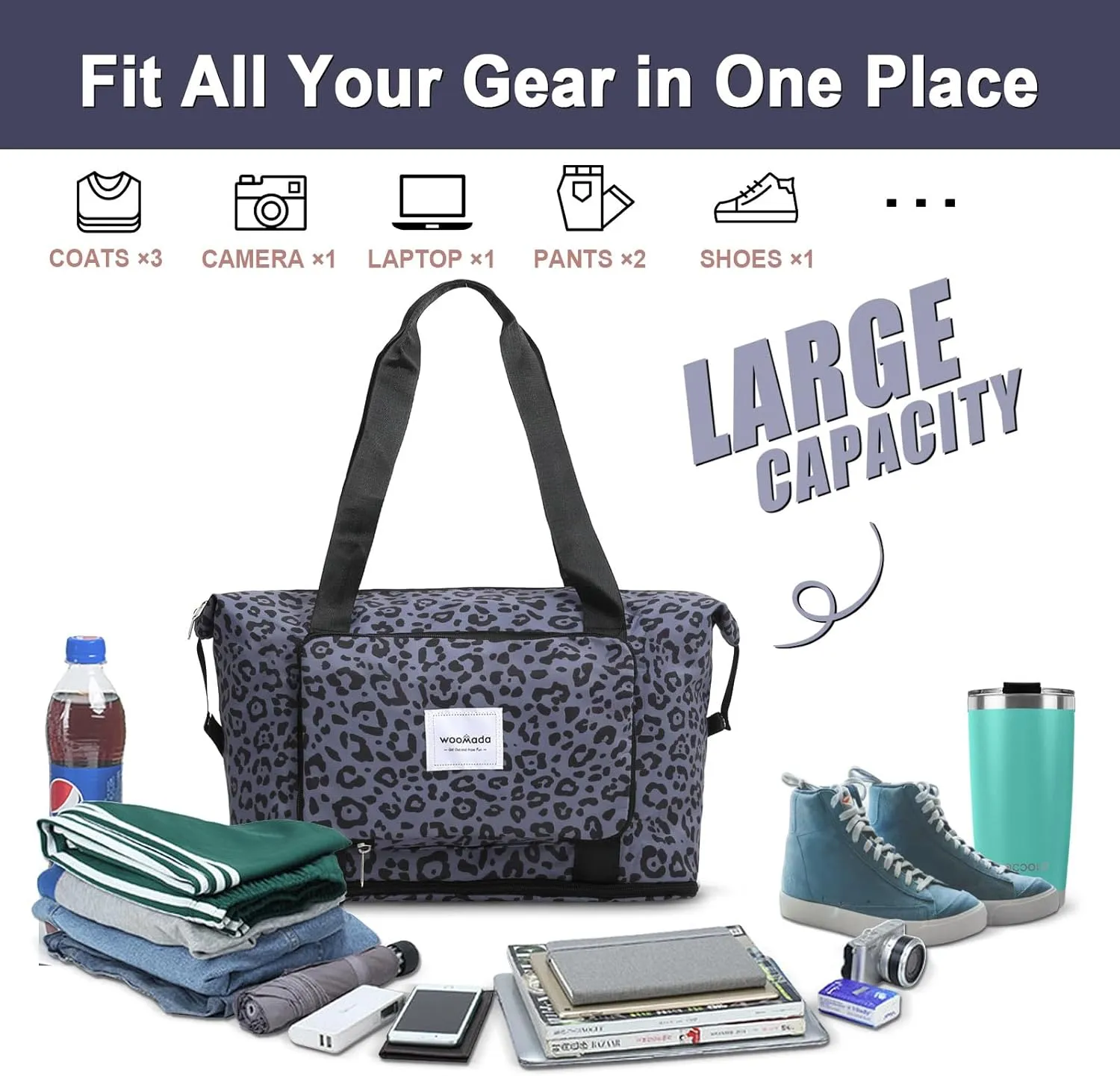 WOOMADA Foldable Travel Duffel, Weekender & Carry-On Bag with Expandable Space