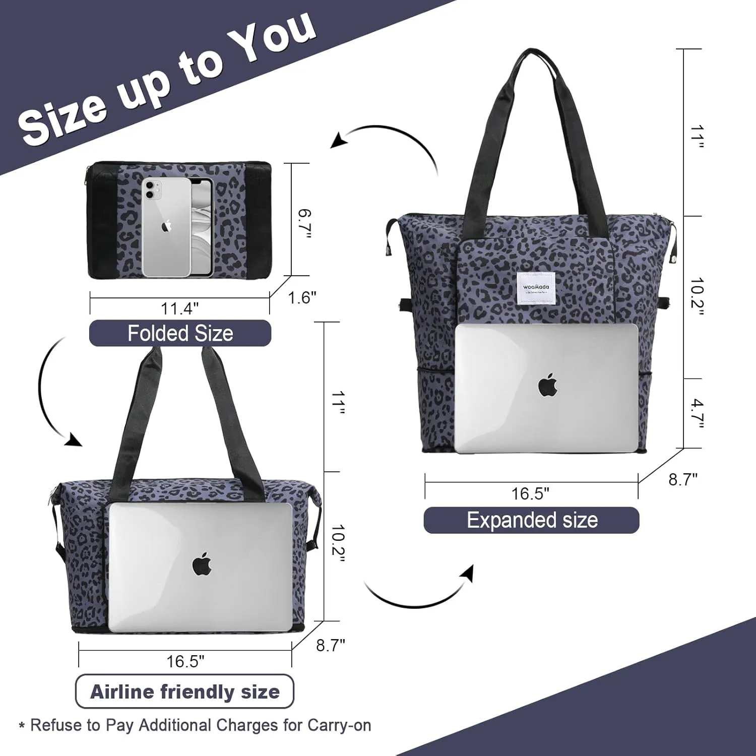 WOOMADA Foldable Travel Duffel, Weekender & Carry-On Bag with Expandable Space