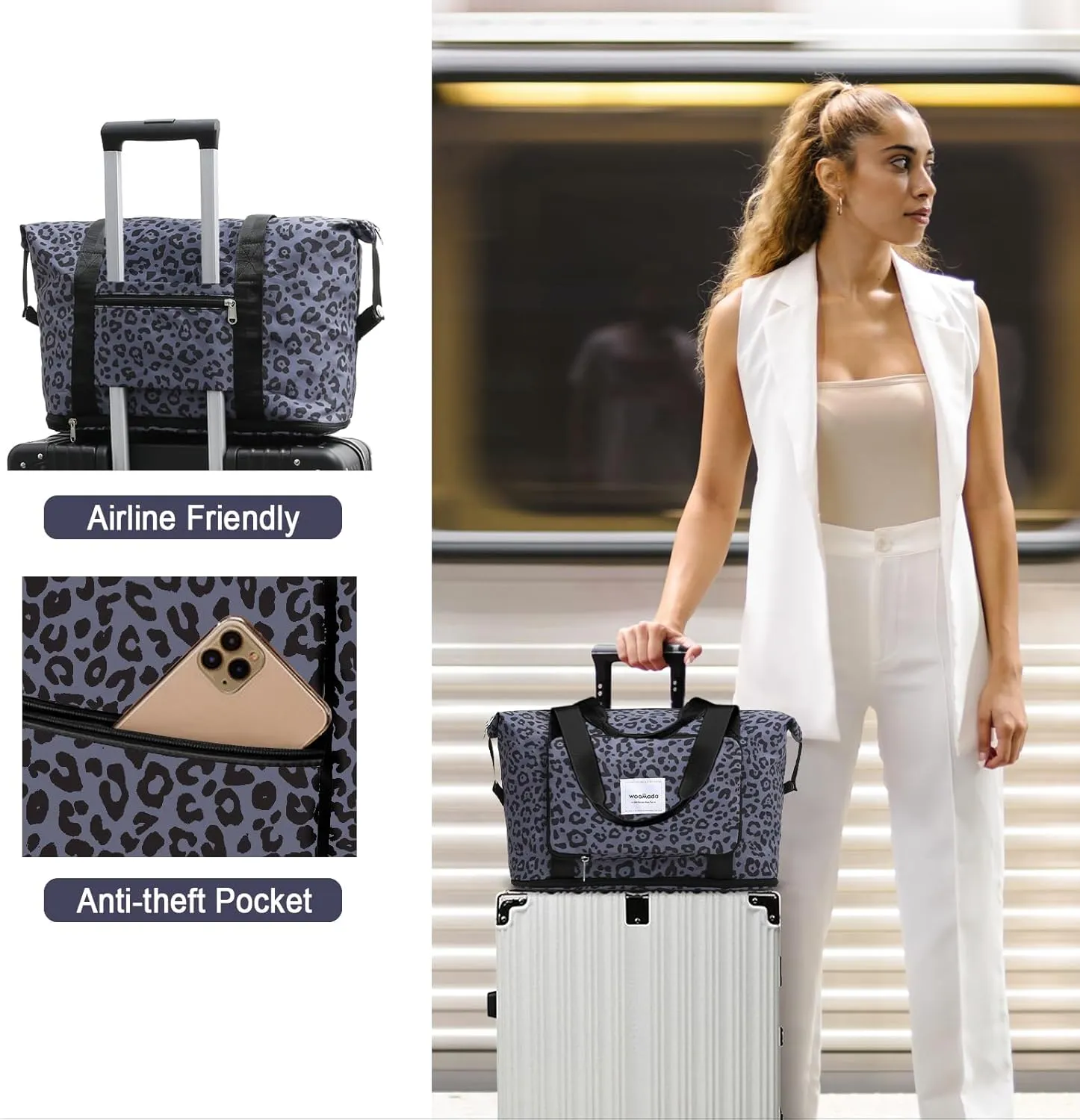 WOOMADA Foldable Travel Duffel, Weekender & Carry-On Bag with Expandable Space