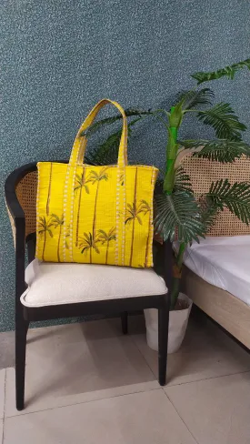 Yellow Jute Handblock Printed Quilted Tote Bag Without Zip